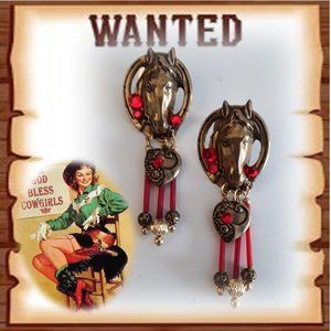 Western Brass Horse Head Red Dangle Bling Earrings